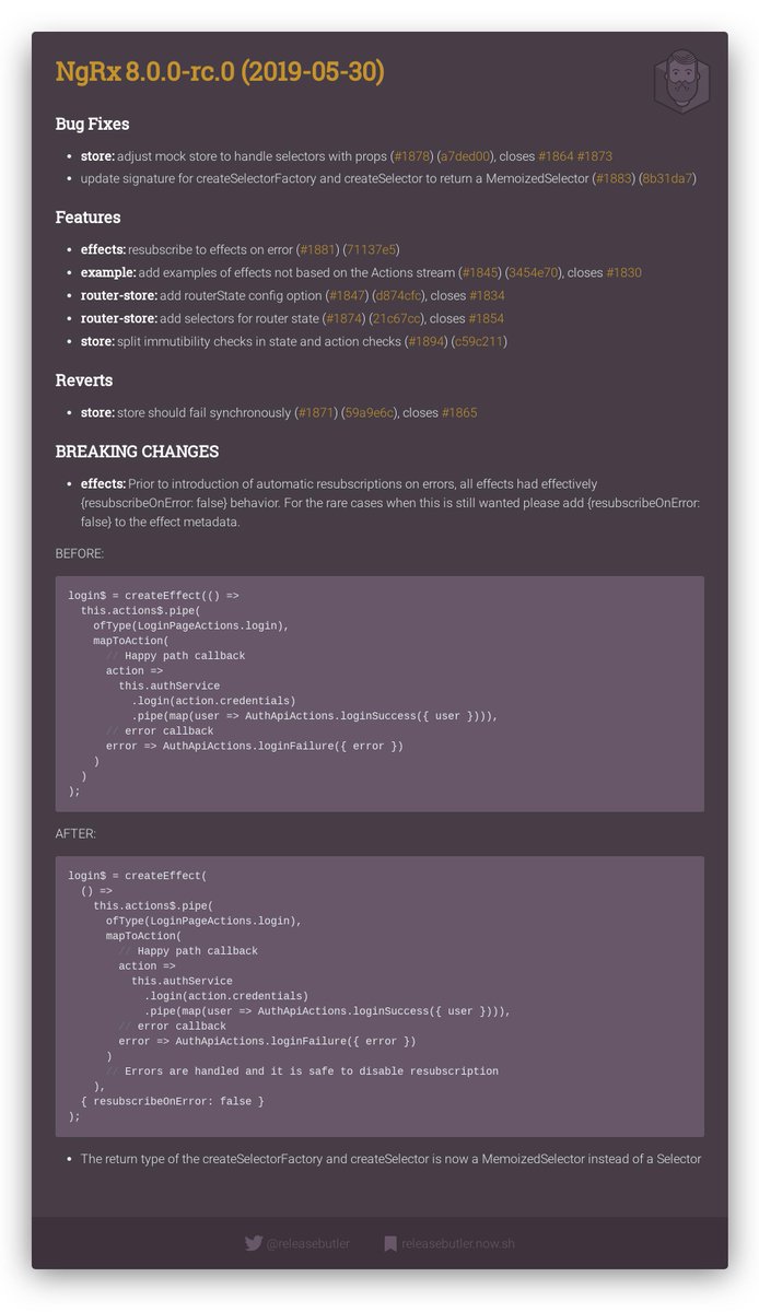 🔥 New NgRx Release 🚀
  
📦 8.0.0-rc.0 
🏗 RELEASE CANDIDATE

🏷️ #ngrx #angular #rxjs #reactive #store #effects #devtools #release #changelog #releasebutler

🔗 github.com/ngrx/platform/…