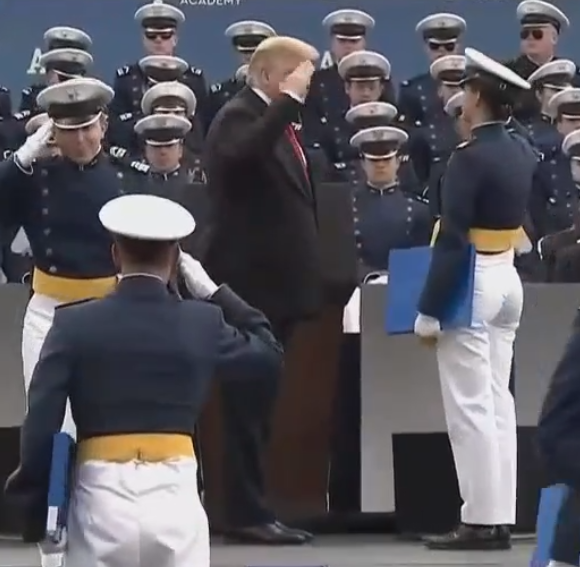 TimQPublic's tweet image. The Air Force Academy Graduation is running longer than expected because President Trump is saluting, shaking hands with and personally congratulating each and every new graduate. All 991 of them.
#USAFA2019 
#AimHighFlyFightWin
