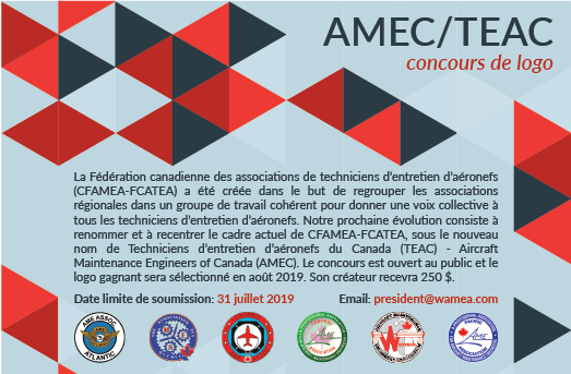 WAMEAWAMEA's tweet photo. CFAMEA has been reinstated as the Aircraft Maintenance Engineers of Canada (AMEC) - Techniciens D’Entretien D’Aeronefs du Canada (TEAC). A logo contest is open to the public and the winning logo will be selected in August 2019 and awarded $250. https://t.co/24EPMxTJil https://t.co/zuKXF7pNvF