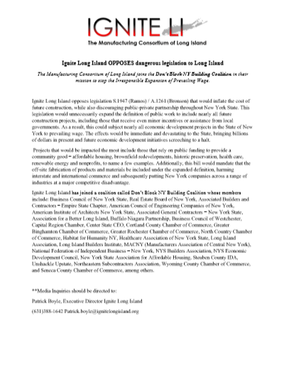 <a href="/IgniteLINY/">IgniteLI, Manufacturing Consortium of Long Island</a> joins <a href="/DontBlockNYBldg/">Don't Block NY Building</a> in their mission to stop the Irresponsible Expansion of Prevailing Wage, legislation in Albany that would inflate the cost of future construction while also discouraging public-private partnership throughout NY. #madeonlongisland