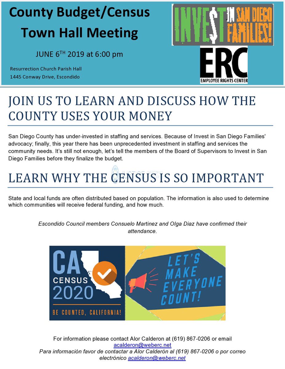 NorthCountyNIA's tweet photo. Join the @ERCSanDiego next Thursday June 6th at 6pm for County Budget &amp; Census Escondido Townhall #OurCountyOurBudget #InvestInSD https://t.co/thHeFD9629