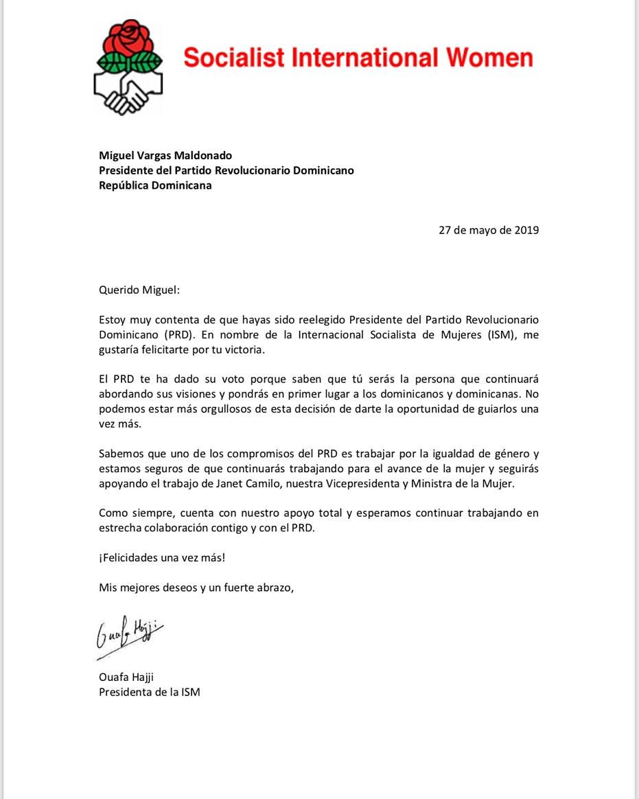 MiguelVargasM's tweet photo. Agradezco a Ouafa Hajji, Presidenta de la internacional socialista Mujeres, por sus felicitaciones por mi ratificación como presidente de @miprd https://t.co/y6d9dZBiuC