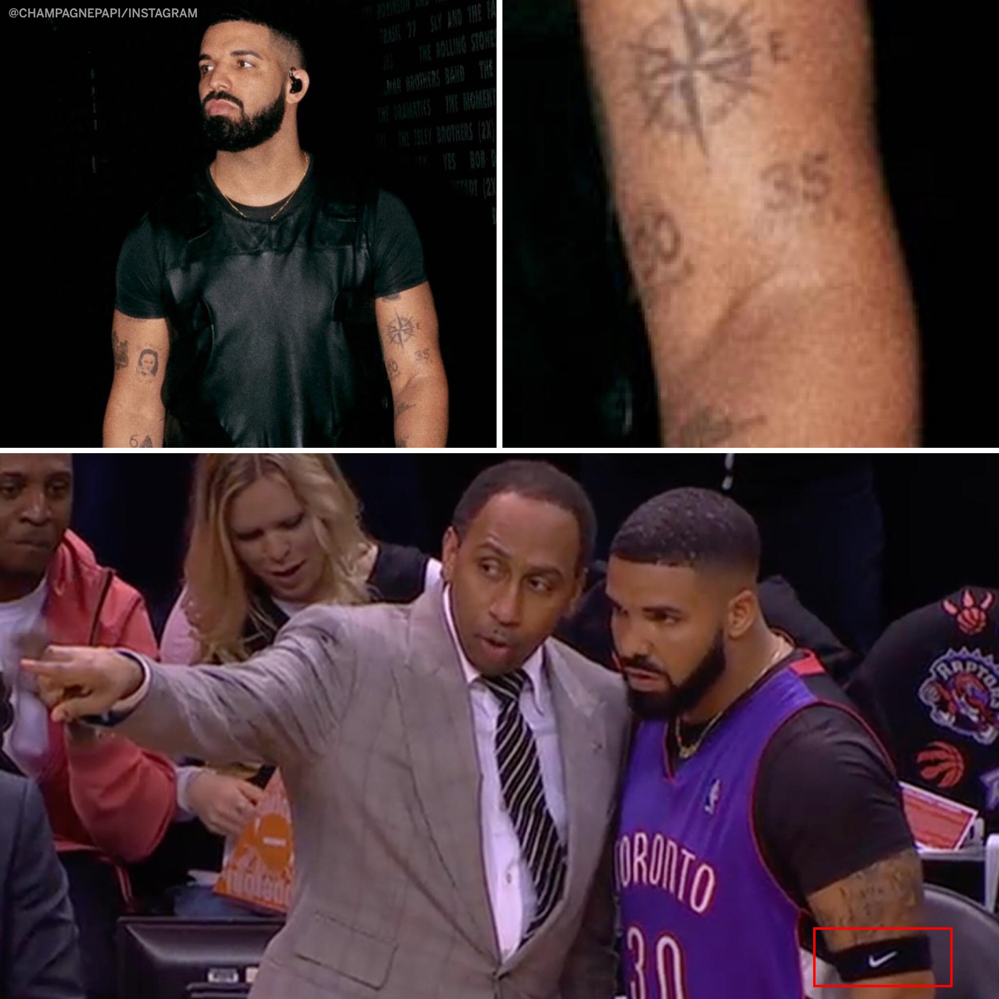 SportsCenter on X: "Drake appeared to cover up his Steph Curry and Kevin Durant tattoos for Game 1 of the #NBAFinals https://t.co/T3SLyAaNS0" / X