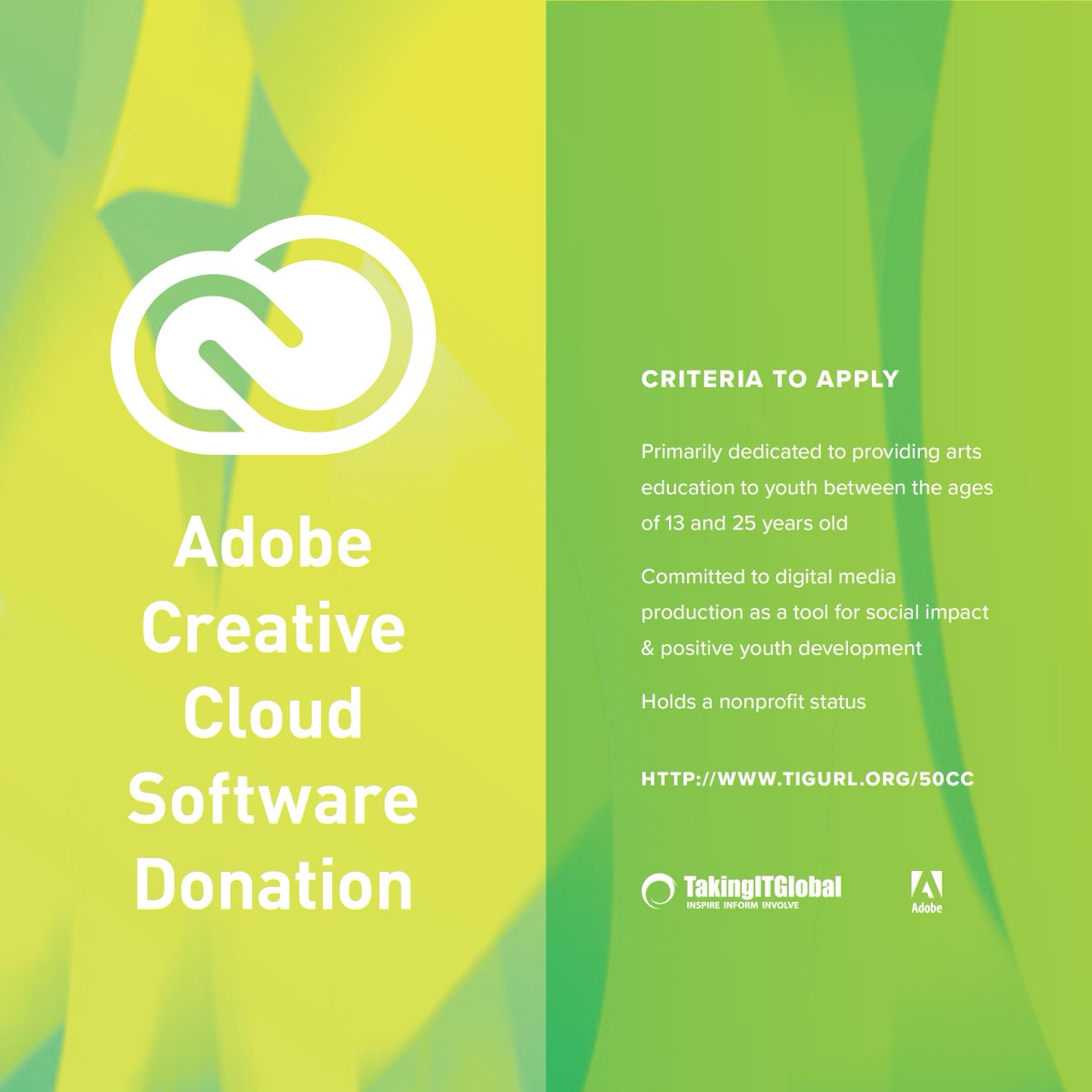 Calling all youth media organizations! Apply today to receive up to 50 Adobe Creative Cloud Shared Device Licenses for a 12 month term tigurl.org/50CC