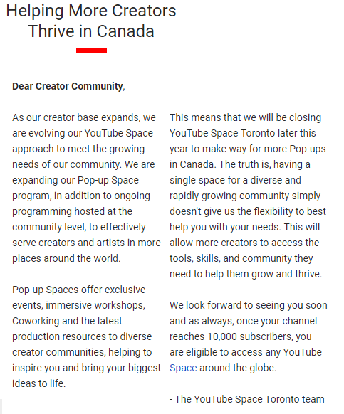 danspeerin's tweet photo. Official statement on the closing of @YouTube Space Toronto. They're doing their best to put a positive spin on it, but that's a hard sell for creators here in the community. #YouTubeSpaceTO https://t.co/XwrgALdCU3