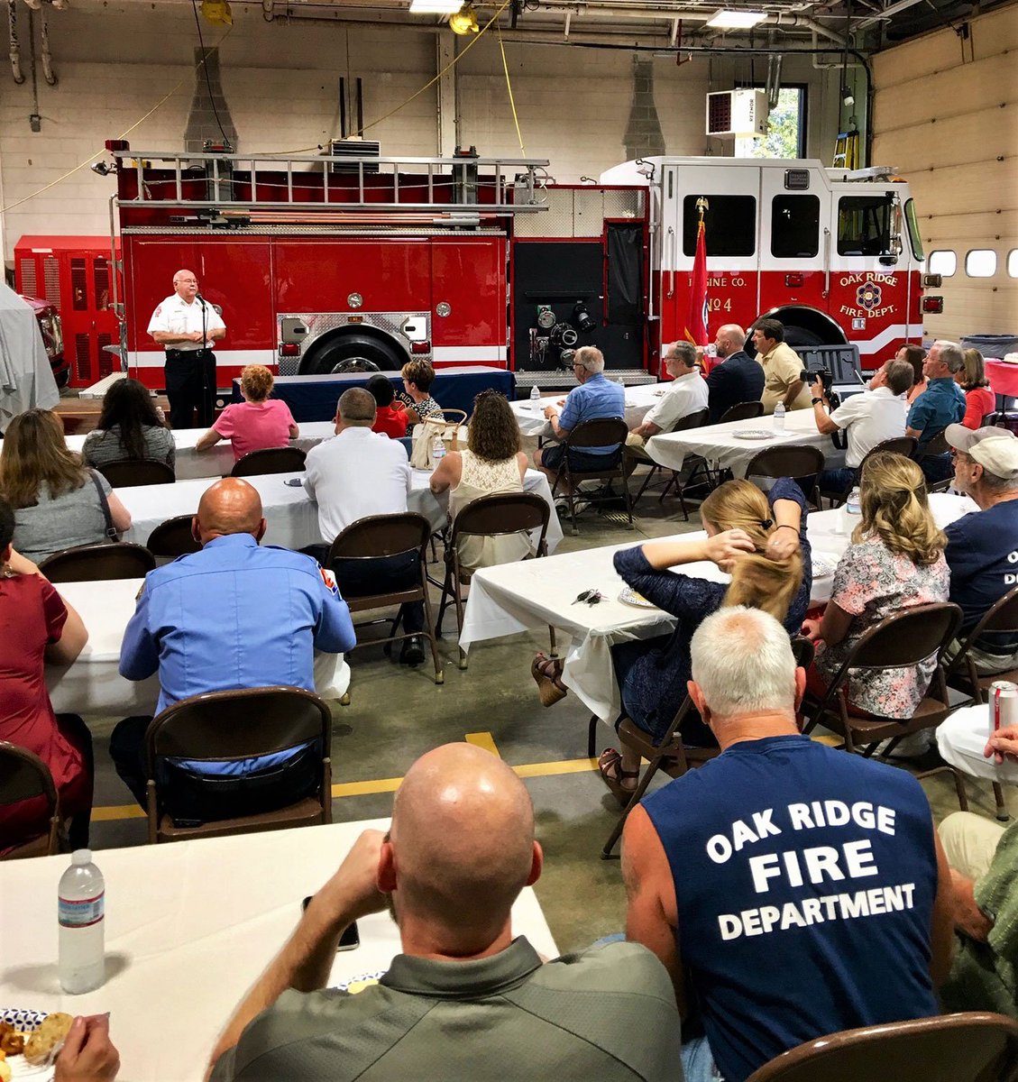 OakRidgeFD's tweet photo. We welcomed friends, family, retirees, and special guests yesterday evening as we celebrated the dedication of #ORFD Station 4. It was officially unveiled as the “Dr. Thomas Howard Scott Manhattan Project Fire House.” Thank you Dr. Scott for all you've done for #OakRidge! 🚒 https://t.co/5zEzwKxIPo