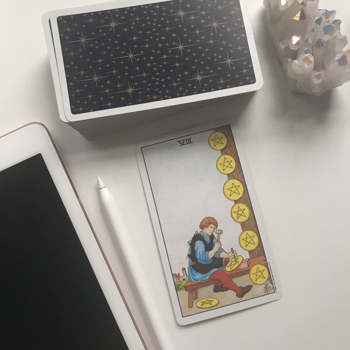 laceandwhimsy's tweet image. I’ve been making a ton of art lately so this card was a very appropriate one to pull today. #8ofPentacles