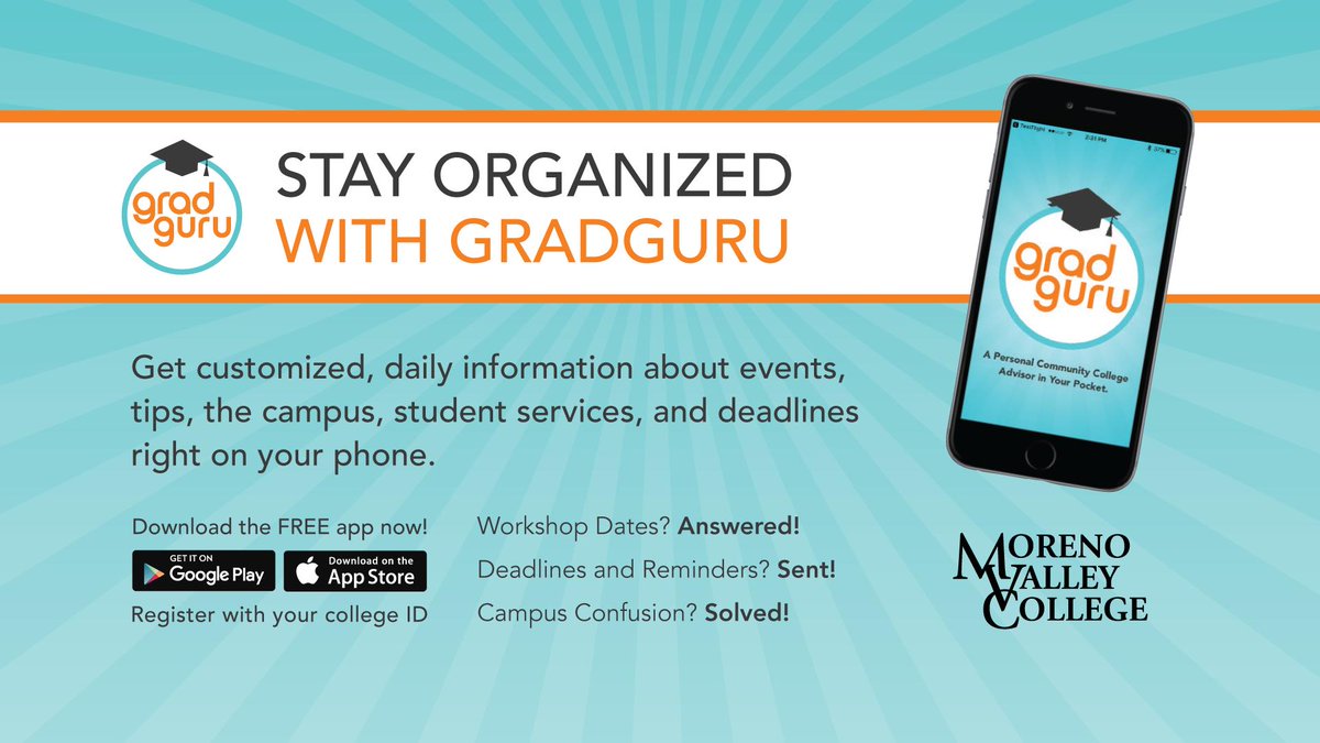 mvcollege's tweet photo. Have you checked out GradGuru yet? This FREE app is a personalized college advisor in your pocket! From events and important deadlines to self-guided campus tours, #GradGuru will help you stay orgranized: https://t.co/DC0UrQ7axH https://t.co/EB3vvAezAV