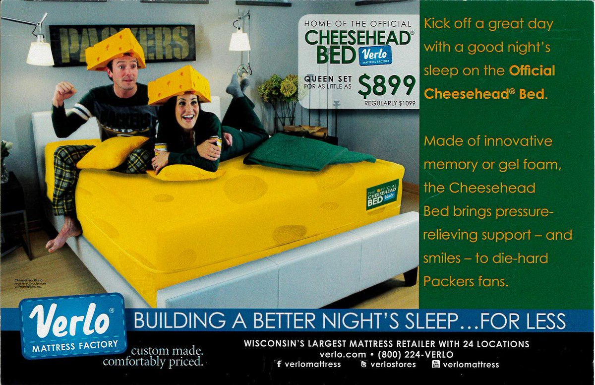 #Throwback to the Official Cheesehead Bed we made with <a href="/VerloStores/">Verlo Mattress</a>! Sweet dreams are made of cheese, after all. #TBT