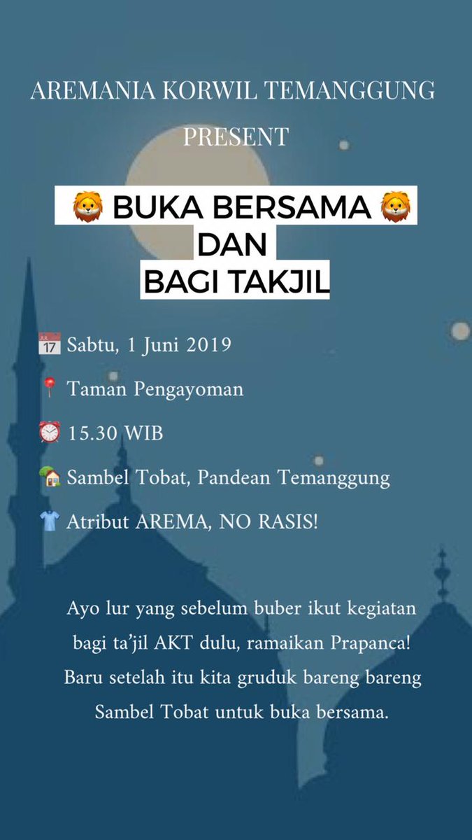 AREMANIA_TMG_'s tweet photo. Buka bersama &amp; Bagi takjil Aremania Temanggung.

#ladubkan
#salamsatujiwa
#arema
@we_aremania @aremadesign https://t.co/8bYaiu5mx0