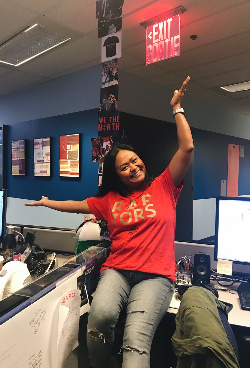 CBCToronto's tweet image. The women of @CBCToronto showed up for the Raptors today. (Yes, that is a shrine to the team behind @mtaruc.) Tweet us your game day get-ups! #WeTheNorth #cbcto