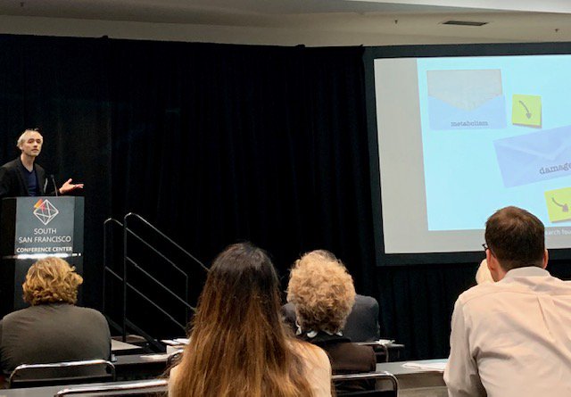 sfstatednamed's tweet photo. Dr. Matthew O'Connor focuses his work on not preventing aging, but more on #damagerepair via molecular pathways and medicine models.  He and his group of @SENSResearchFou find answers in #cyclpdextrins.  #SFStatePM12 https://t.co/PEBxppt6lo