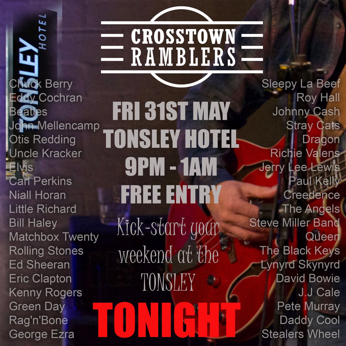 CTRamblers's tweet photo. Crosstown Ramblers full band TONIGHT 🤘🤘
@TonsleyHotel Tavern bar - Onstage 9pm 
Playing tunes from 50's, 60's, 80's, current 🎶🎶
FREE ENTRY #musicsa #adelaidemusic #adelaide #adelaide #livemusic #adelaidelivemusic #livemusicadelaide https://t.co/9eGJVgIFnG