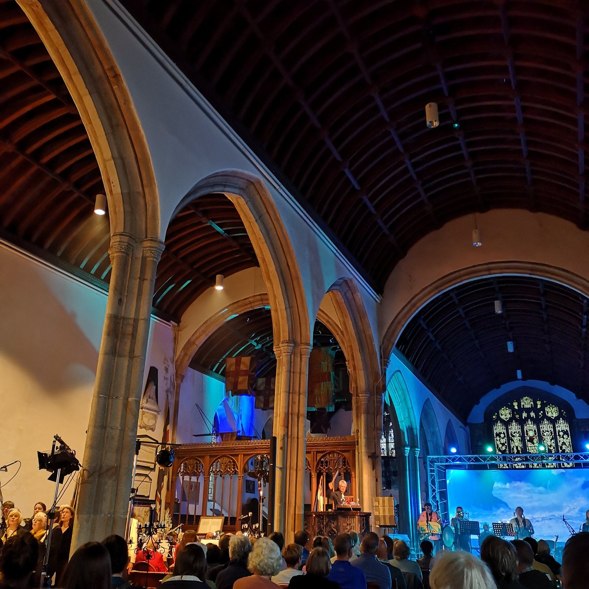 kirstycotton's tweet photo. Riots &amp; Lobsters by @JC_Saboteurs looking and sounding wonderful at St Petrocs in Bodmin tonight - Inc. Brass band &amp; Community choir! 2 more of these gala performances to go in St Just &amp; Penryn - go &amp; see it! https://t.co/plW6KJlU82