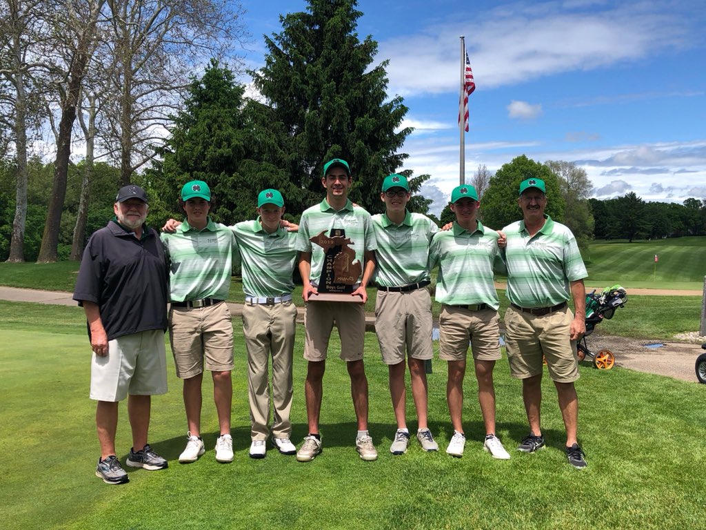 GolfHackett's tweet image. The Irish won the Regional Championship today shooting 308 at Milham GC. Ryan Chafty shot 74 and placed 1st, Will Verduzco and Tommy Keyte shot 76 and placed T-2nd, Aidan Gillig shot 82, and Ben Bridenstine shot 84. #GNSL #IABF
