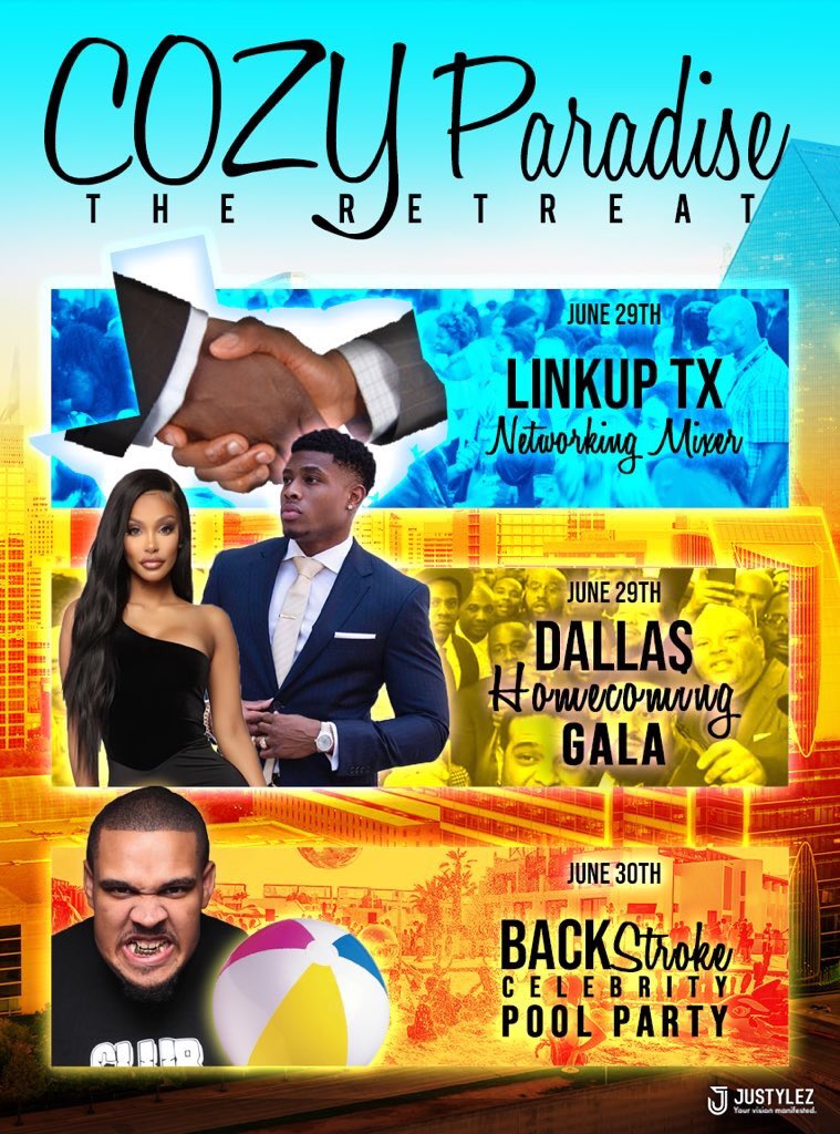 DSmooth66's tweet photo. 6/29 Dallas Tx Will Never Be The Same , #CozyParadise Retreat ! 2 Days Of Good Vibes

#LinkUpTx Mixer / Pop Up Shop After Check In 4 pm 

#DallasHomecoming Gala 🤵🏾👠 10 pm - 2 am 

Breakfast w/ Mimosas Before #BackStroke Celebrity Pool Party Hosted by @BEATKINGKONG 🥒 2 pm -11 pm https://t.co/QYelImmLlv