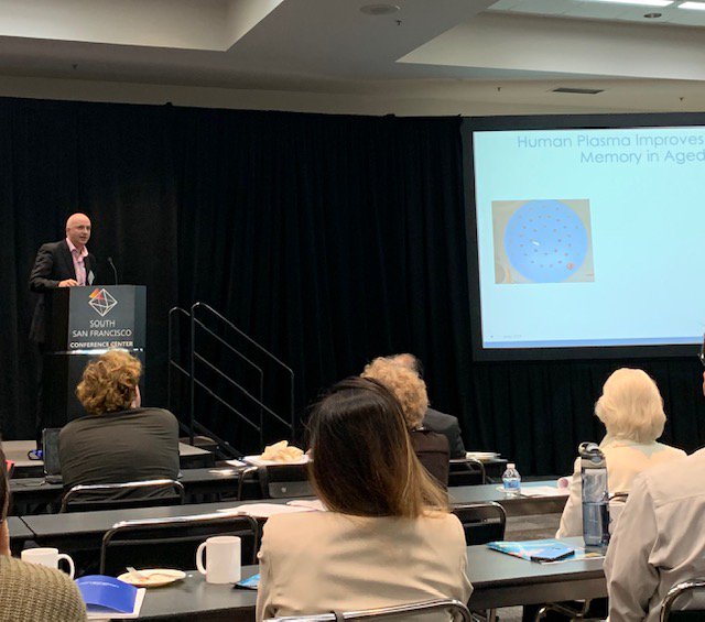 sfstatednamed's tweet photo. Can the Fountain of Youth be found in #plasma? Dr. Steven Braithwaite of @AlkahestInc discusses how therapeutics can be found from plasma #chronokines from younger patients can normalize the cognitive 🧠 aging process in older patients. Whoa! #SFStatepm12 https://t.co/tAjE9lwz9k