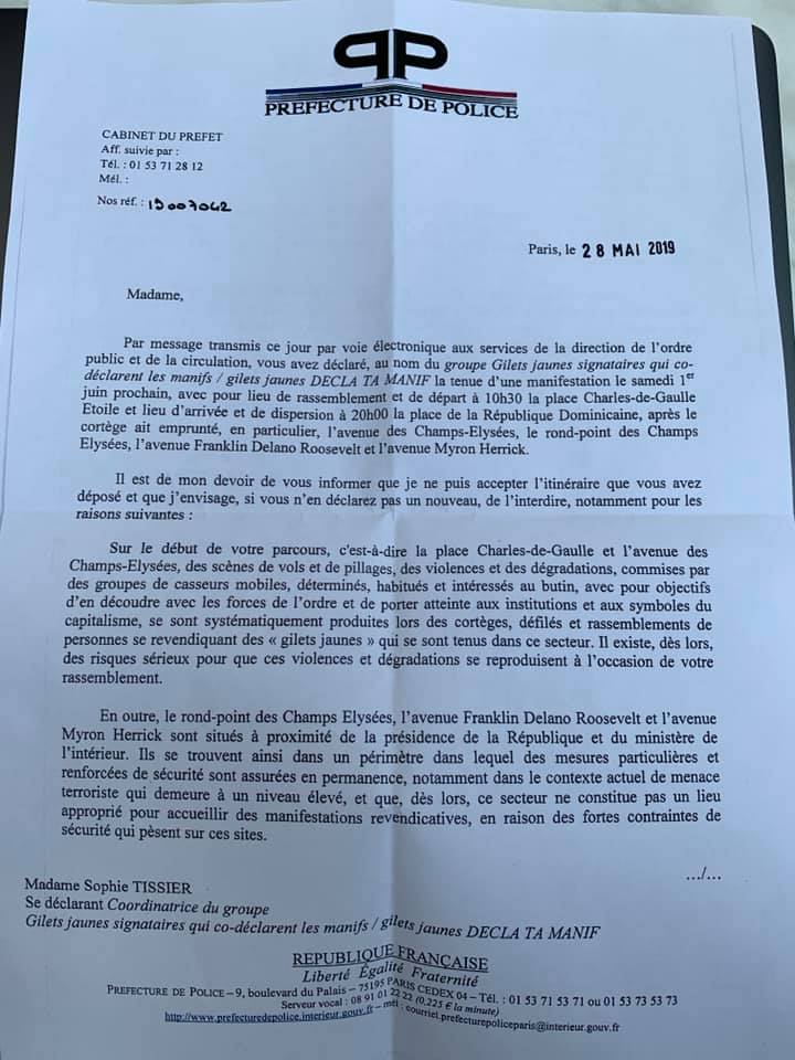 HZ_Press's tweet photo. Sophie Tissier @TPMIntermittent rend public une lettre de la préfecture de Police de Paris lui signifiant son refus d'accepter l'itinéraire d'une manifestation #GiletsJaunes passant par les #ChampsÉlysées le samedi 1er juin #Acte29 #ACTEXXIX https://t.co/ubqcaJvtyx