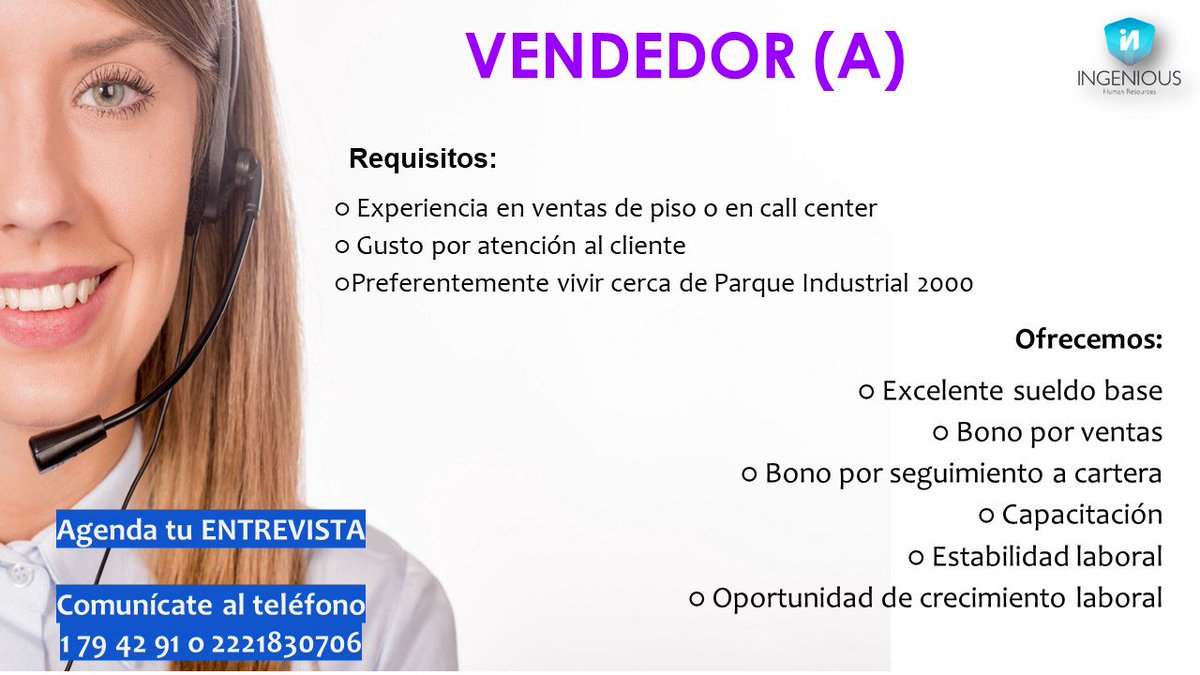 hr_ingenious's tweet photo. Solicitamos: Vendedor Interno
Interesados enviar CV al correo belen@kdc.com.mx o comunicarse al teléfono 1 79 42 91
#empleopuebla #vendendorinterno #excelentejueves #trabajosenpuebla #somosingenious

Conoce más de nuestras vacantes en
https://t.co/D24lTB1JiI https://t.co/yO34fAYKHY