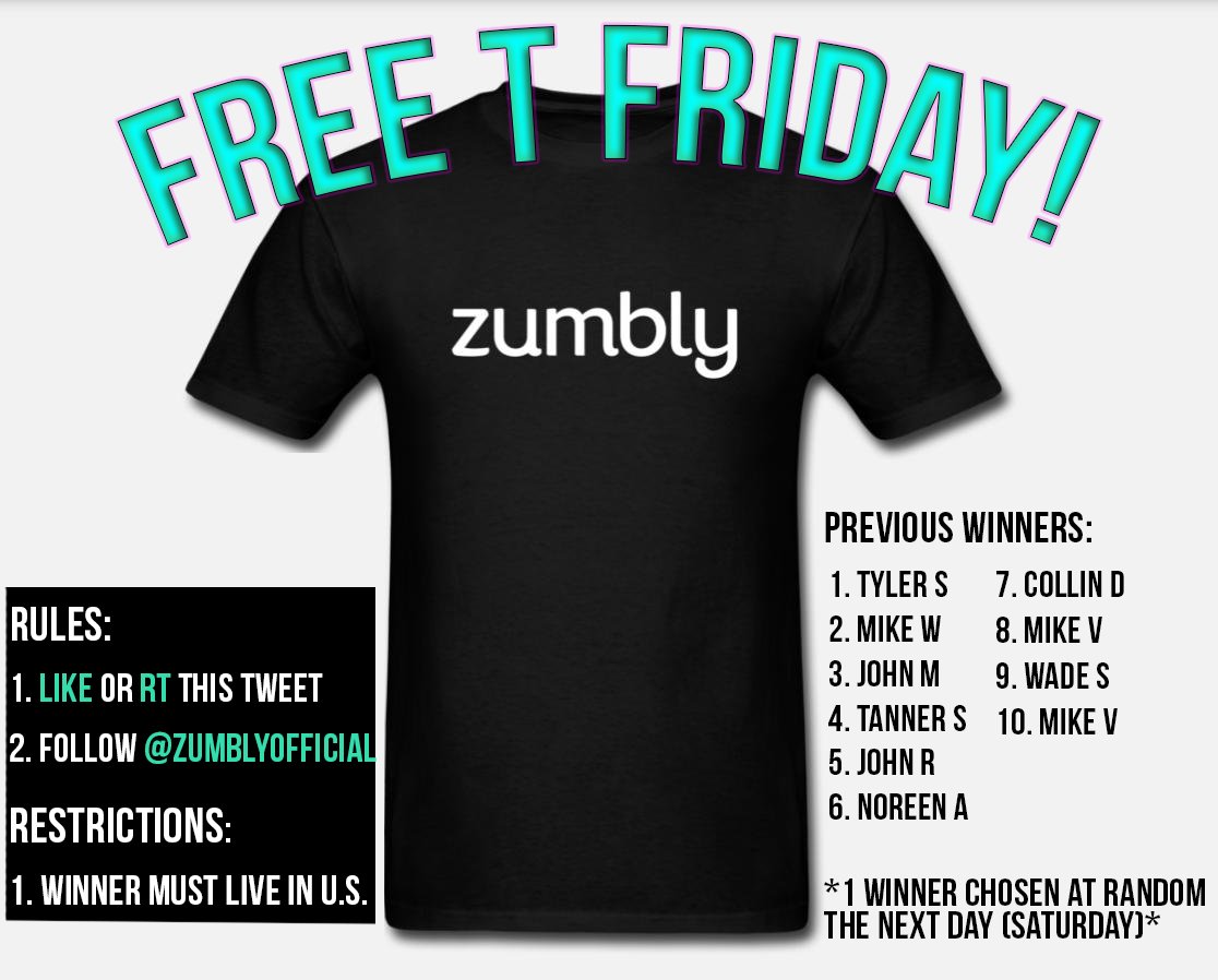 ZumblyOfficial's tweet photo. IT'S FREE T FRIDAY!!!  

Rules:
1. LIKE or RT this tweet
2. Follow us @ZumblyOfficial

Contest goes until midnight PST. 1 winner will be chosen at random. If you dont win, try again next Friday!! 

#FreeTfriday #Giveaway #FridayFeeling https://t.co/UAlEVhRA9R