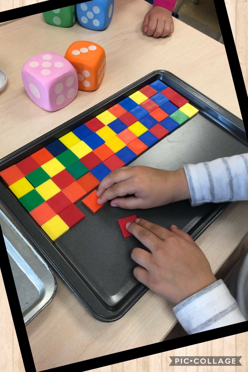mrsmcintyre1m's tweet photo. A fun math game this morning! Roll the dice and place that number of square tiles on the cookie sheet. Learning about area, counting, and perseverance. 💙 https://t.co/vpjZdSwAOT