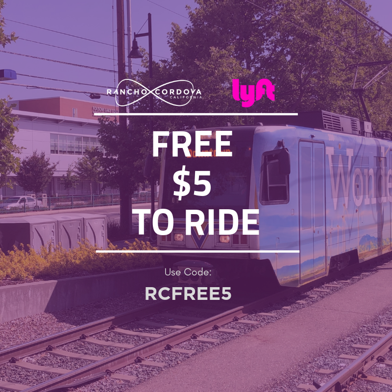 CityofRCordova's tweet photo. The City of Rancho Cordova has partnered with @Lyft, @SACOG, and @RideSacRT to offer the “Free $5 to Ride” pilot program.

The program provides SacRT riders with a Lyft code (RCFREE5) worth up to $5 for a Lyft ride at light rail stations in Rancho Cordova.
https://t.co/oP9mSFMfCa https://t.co/dS85688ah4