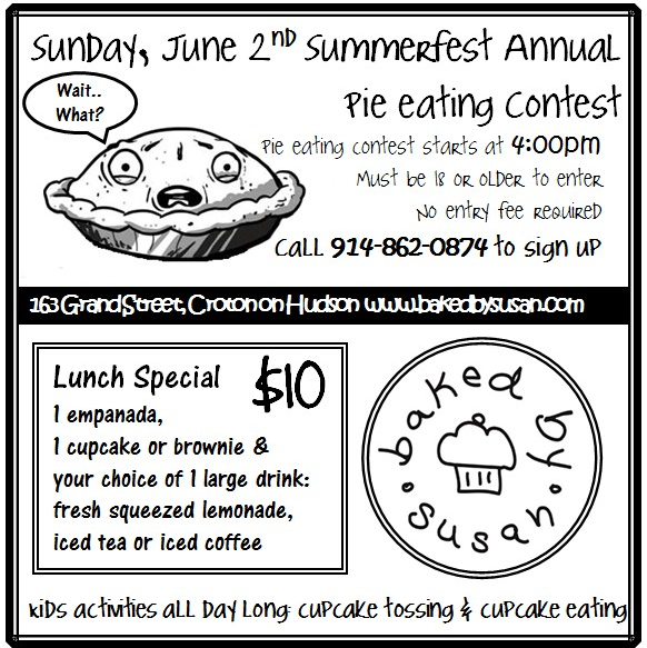 BakedBySusan's tweet photo. Baked by Susan has wonderful Summerfest activities for the whole family.  A lunch special, our annual chocolate cream pie eating contest (call 914-862-0874 to enter, 18 and older, no entry fee), and kids activities including cupcake tossing &amp; cupcake eating contests. https://t.co/yIPoVwcwvD