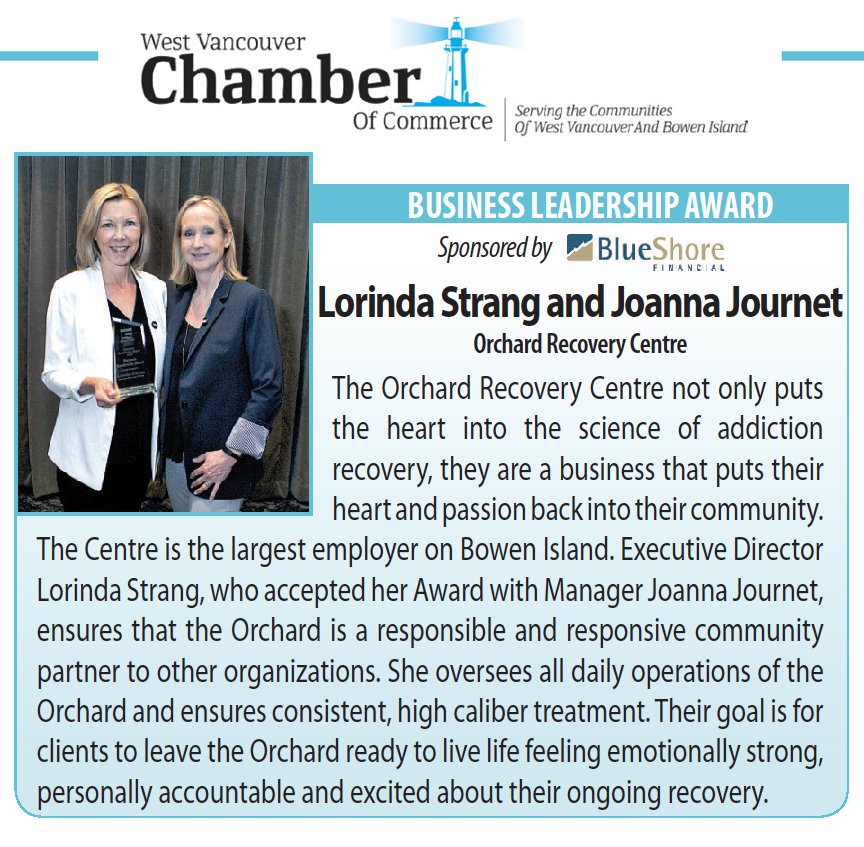 OrchardRecovery's tweet photo. #TBT to this time last year when we were presented with the #BusinessLeadership Award from the #WestVan #ChamberOfCommerce. This achievement recognized the contributions made in having a positive impact within the #AddictionTreatment industry #AddictionRecovery #ThrowbackThursday https://t.co/Yll0Savuyd