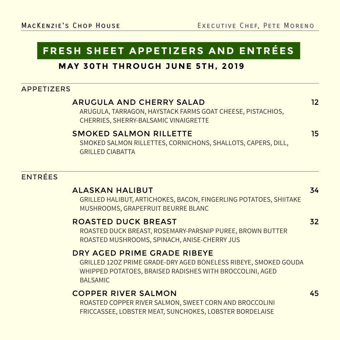MacksChopHouse's tweet photo. Thursday, the day of the Fresh Sheet. New goodies to try every single week, come dine with us! #specials #steakhouse #Copperriver #Duckbreast https://t.co/ADE6lbaO7D