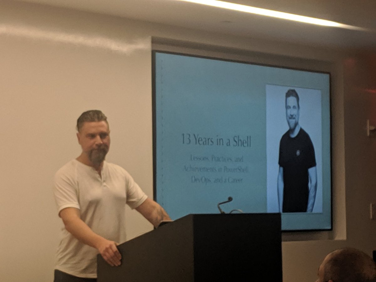 Rich_Prescott's tweet photo. Listening to @concentrateddon speak about his experience over 13 years of #PowerShell  at #NYCPSug.   /Cc @dfinke @nsr81 https://t.co/8te5uQRuyJ