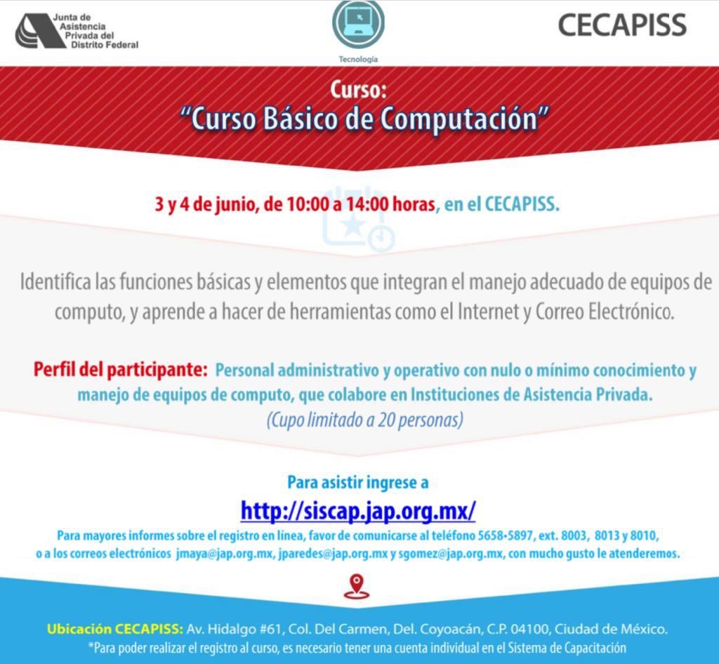 JAP_CDMX's tweet photo. #Atención Invitamos al personal de las #IAP a tomar el curso básico de computación en el #CECAPISS. 

Te esperamos. https://t.co/FjB5Q4kd9F
