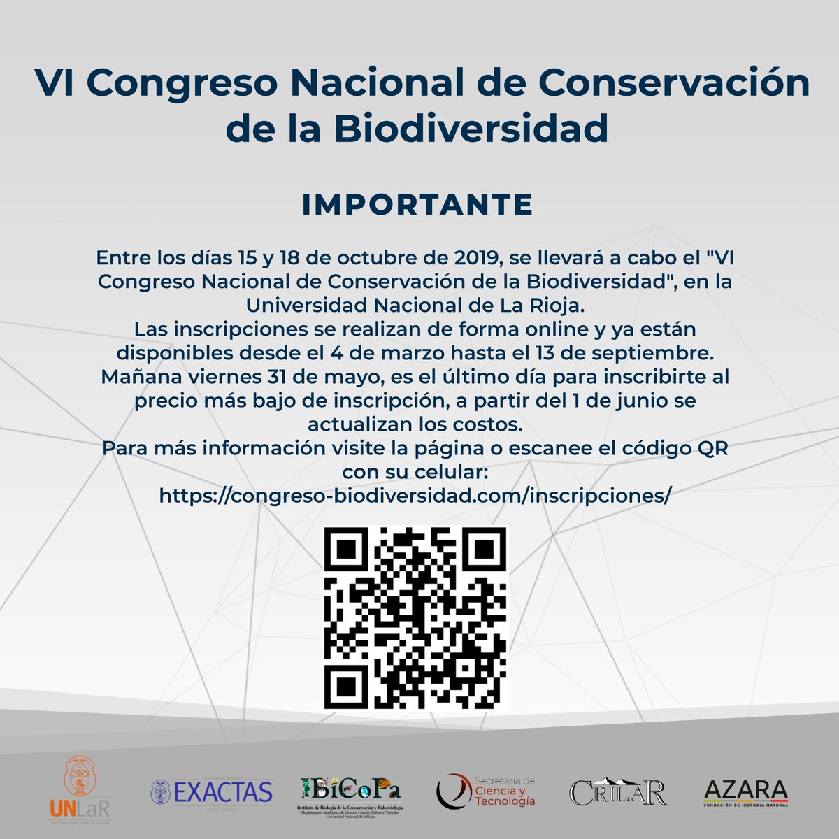 Secytunlar's tweet photo. VI Congreso Nacional de Conservación de la Biodiversidad:
Fechas: desde el 15 hasta 18 de octubre de 2019
Inscripciones online: desde el 4 de marzo hasta el 13 de septiembre. Viernes 31 de mayo, último día para inscribirte al precio más bajo. 
https://t.co/oTJsaIeNaz https://t.co/FwCVn7Ya3P