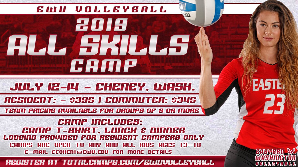 Improve your 🏐 skills this summer with the Eags on July 12-14!!! 

Registration for our intensive All-Skills Camp is now open!!! 

For more information, or to register, head to TotalCamps.com/EWUVolleyball  

#GoEags