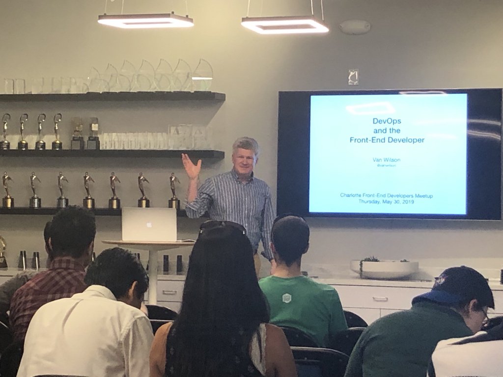 cltfed's tweet photo. Awww yiss. @vanwilson kicking off the front-end meetup tonight talking Dev Ops and the Front-End Developer. https://t.co/tq4r309BCl