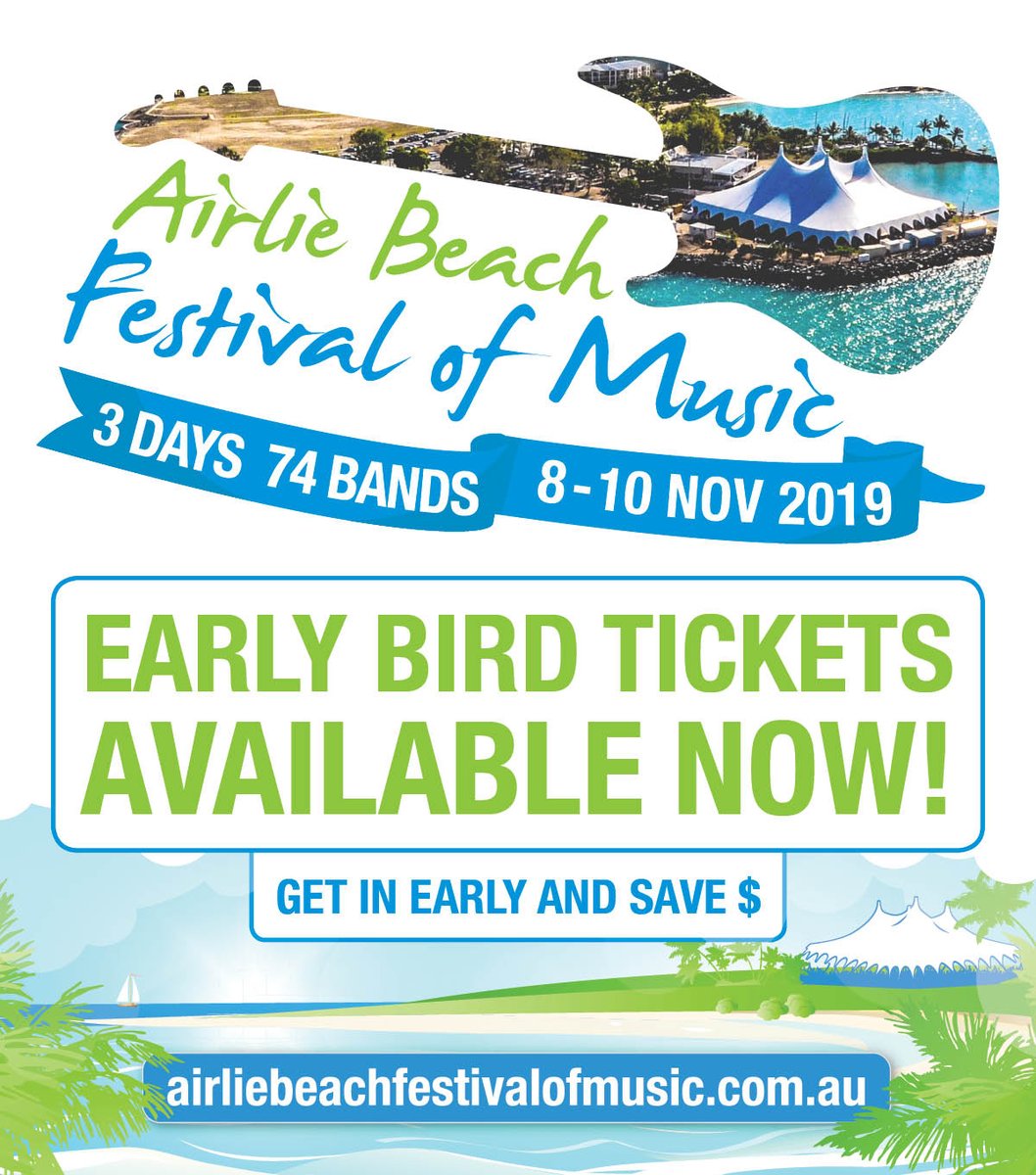 Last Day For 2nd round Early Bird Tickets!! 🎫 
Prices go up at midnight tonight. 
Book now and save 💰💰💰
👉airliebeachfestivalofmusic.com.au 
<a href="/Oztix/">Oztix</a> | <a href="/BigTix1/">Big Tix</a> | @WhitsundayTickets
<a href="/WhitsundaysQLD/">Visit Whitsundays</a> 
<a href="/Queensland/">Queensland Australia</a> #lovewhitsundays #thisisqueensland #airliebeachfestivalofmusic #airlierocks