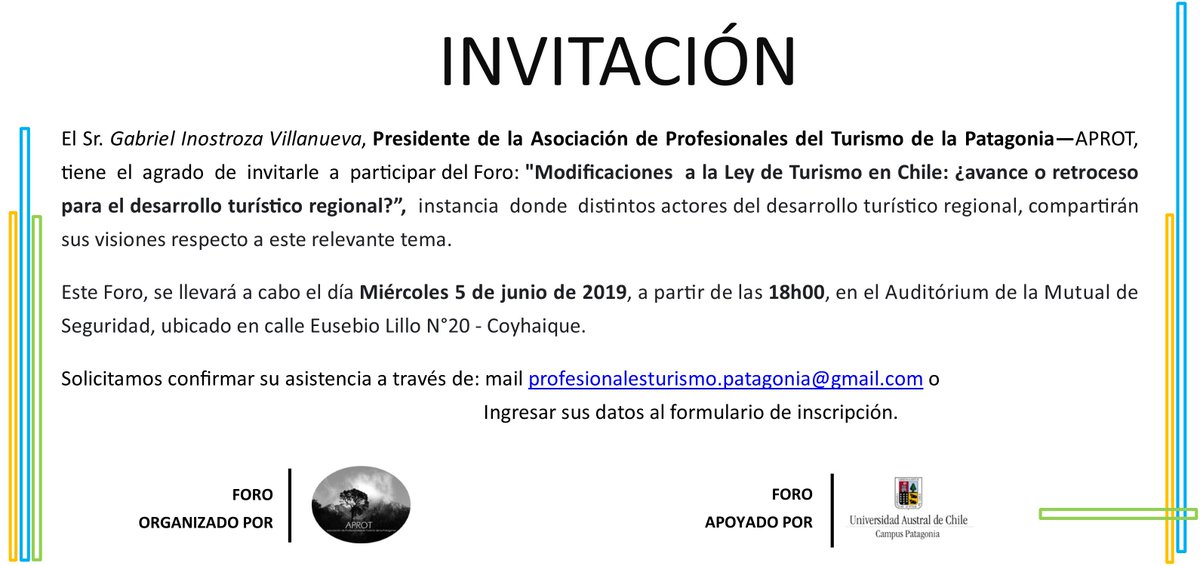 APROT2's tweet photo. Asociación de Profesionales del Turismo de la Patagonia (APROT), te invita al Foro: "Modificaciones a la Ley de Turismo: ¿avance o retroceso para el desarrollo turístico regional?”,  Miércoles 5 de junio, 18h00, Auditorio Mutual de Seguridad, calle Eusebio Lillo #20 - Coyhaique. https://t.co/tGurCtjSSx