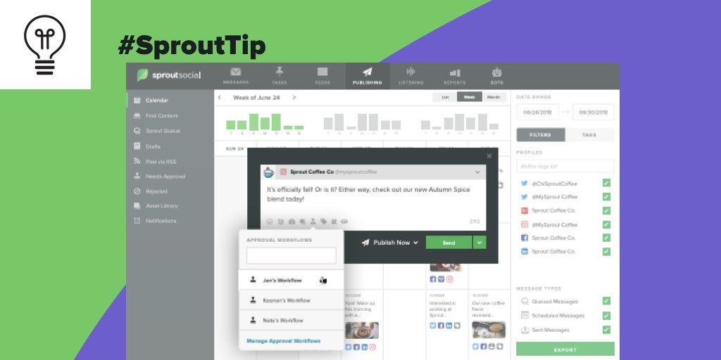 SproutSocial's tweet photo. #SproutTip: eliminate the guesswork and ensure all necessary stakeholders
are included in the publishing process with our approval workflows.
https://t.co/svZ1URe3Hb https://t.co/0WcDMqi2bv