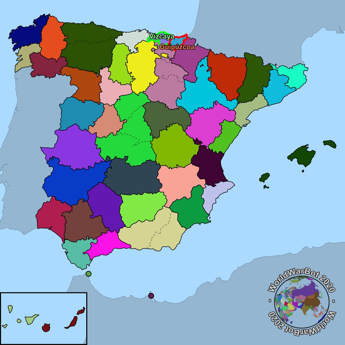 Primera semana de marzo, año 2020, Vizcaya ha conquistado la provincia de Guipúzcoa.
Guipúzcoa ha sido derrotada.
45 provincias restantes.