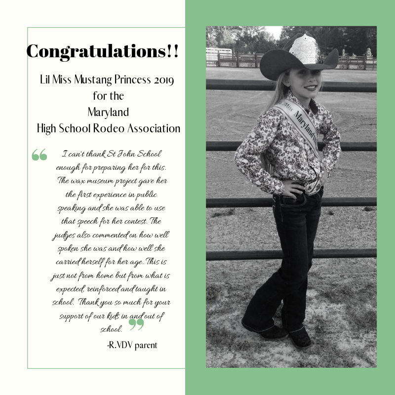SJSwestminster's tweet image. Congratulations!! Lil Miss Mustang Princess 2019 for the Maryland High School Rodeo Association in the Mustang Division! (K-5th grade). She won during the  Queen's Contest and involved various speaking and athletic competitions.  

#AOBCatholicSchools, #RiseAbove
#cowgirl