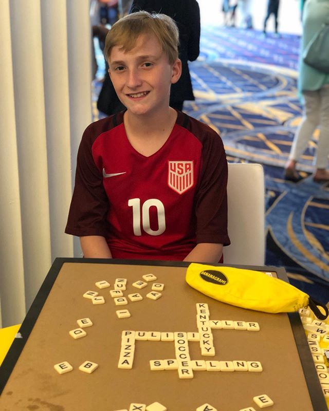 ScrippsBee's tweet photo. There’s just enough time before the #spellingbee Finals for a game or two of Bananagrams!
🍌🍌🍌
#Speller224 Tyler Turnpaugh enjoys playing Bananagrams because it allows him to show off his interests, including soccer ⚽️, pizza 🍕 and, of course, spelling! https://t.co/reX12q7jqO https://t.co/ju2tbgaTgA