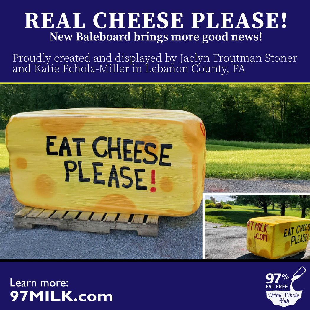 97milk1's tweet photo. Dairy farmers are rockin' the BaleBoards. REAL CHEESE is nutrient dense &amp; low-carb. 1 oz delivers 6 - 7 g protein along w/calcium, phosphorus, zinc, vit A, B12 &amp; more. versatile snack, topping or main ingred, cheese also spruces-up leftovers! #KeepItReal #CheeseToPlease https://t.co/8Jf3BWHGy0