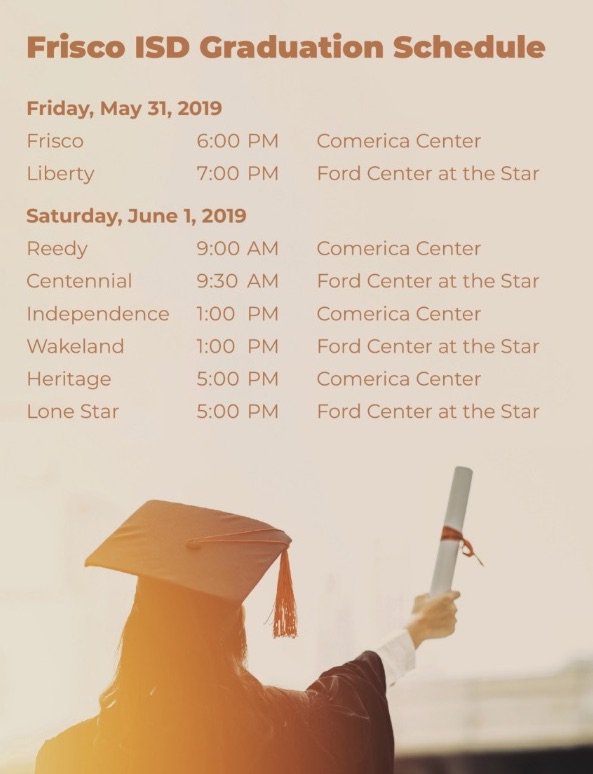 friscoisd's tweet photo. Attending graduation ceremonies this weekend? Before you go: get familiar with bag policies, transportation/parking information and more ➡️ https://t.co/xEZ513Mwgf 

Can't attend a ceremony? Don't fret! All ceremonies will be streamed online at https://t.co/XAvpTGX4Xn https://t.co/QXYE0tsSo1