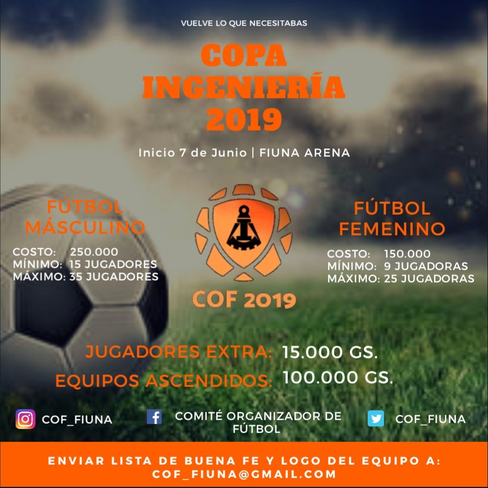 actis_cei's tweet photo. Nos vemos el proximo viernes de la mano del @COF_FIUNA 👀⚽ GRAN INAUGURACIÓN DE LA "COPA INGENIERÍA 2019"🏆 https://t.co/4YtgCI7651
