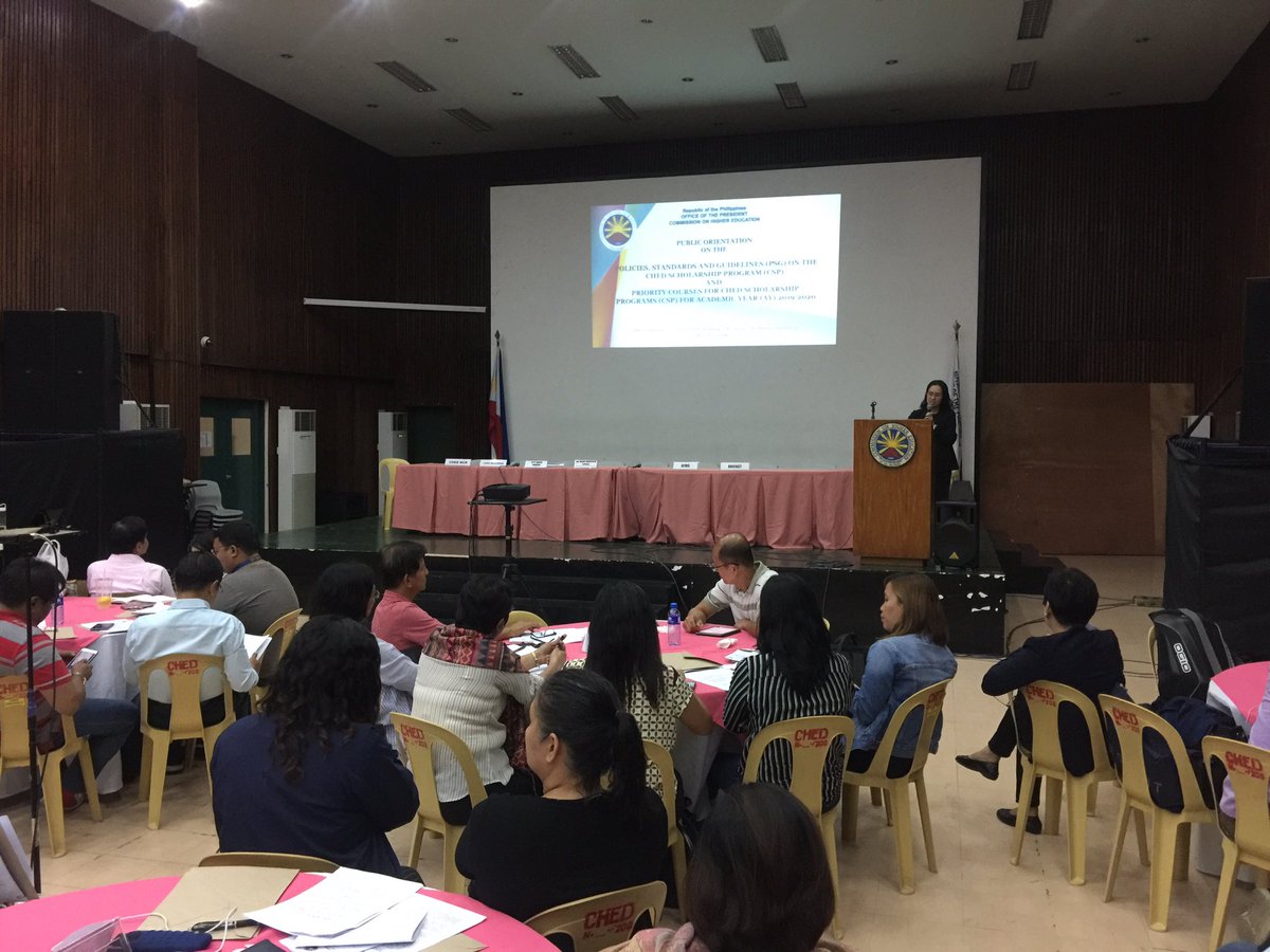 CHEDCaraga's tweet photo. HAPPENING NOW: Public orientation on the CHED Memorandum Order (CMO) on CHED Scholarship Programs (CSPs) and CMO on CHED Priority Prograns for Academic Year 2019-2020 

#CHEDScholarships
#HigherEdPH
#AccessEQUITYGlobalExcellence https://t.co/lFl8bHvThJ