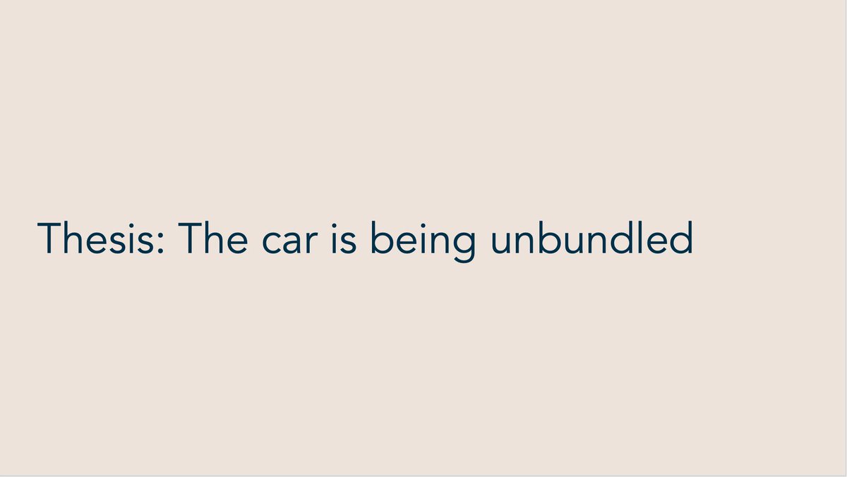 The thesis that  @asymco and I talk about is that the car is being unbundled. What does this mean? A car is a bundle of trips that you buy. You pay $20-30k for the option to take ~5000 trips whenever you want. It's expensive but predictable & therefore of value.