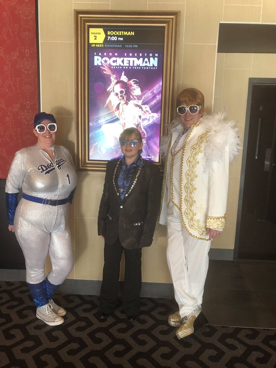 abblie's tweet photo. Saw Rocketman tonight, and it was glorious!!! So happy to see a biopic that I didn’t cry at the end because Elton is alive and healthy and only suffering from a shopping addiction!  @eltonofficial https://t.co/HjJHF7n01N