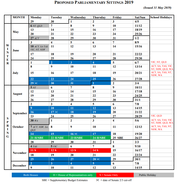 Australian House of Representatives on Twitter "The proposed Parliamentary Sitting Calendar for