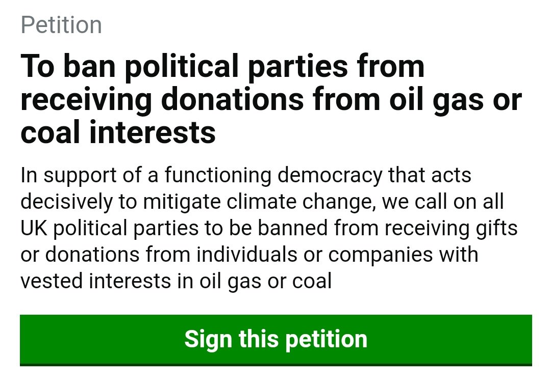 Andrew9Boswell's tweet photo. IMPORTANT petition.  Let's stop #EcologicalCollapse #ClimateWrecking industries buying influence in our politics.  Ban #FossilFuel donations to political parties.

SIGN: https://t.co/S8emq4kihv

SPREAD far&amp;wide: Please RT!

#ClimateEmergency
#ExtinctionRebellion 

@AlexMFornal https://t.co/UZqNj6SV0Q