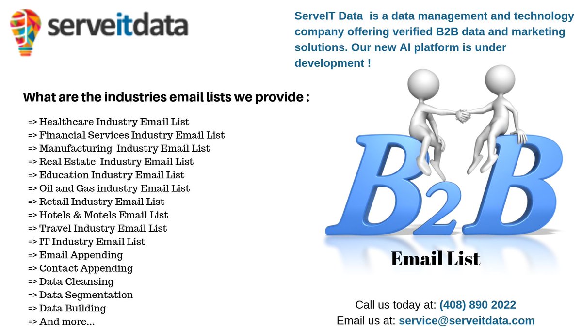 serveitdata's tweet image. Are you looking to grow your business? Well, here is the Best opportunity for you. ServeIT Data offers you the Accurate and verified B2B Email list with bonus email marketing campaigns. for more information please visit to our website serveitdata.com
