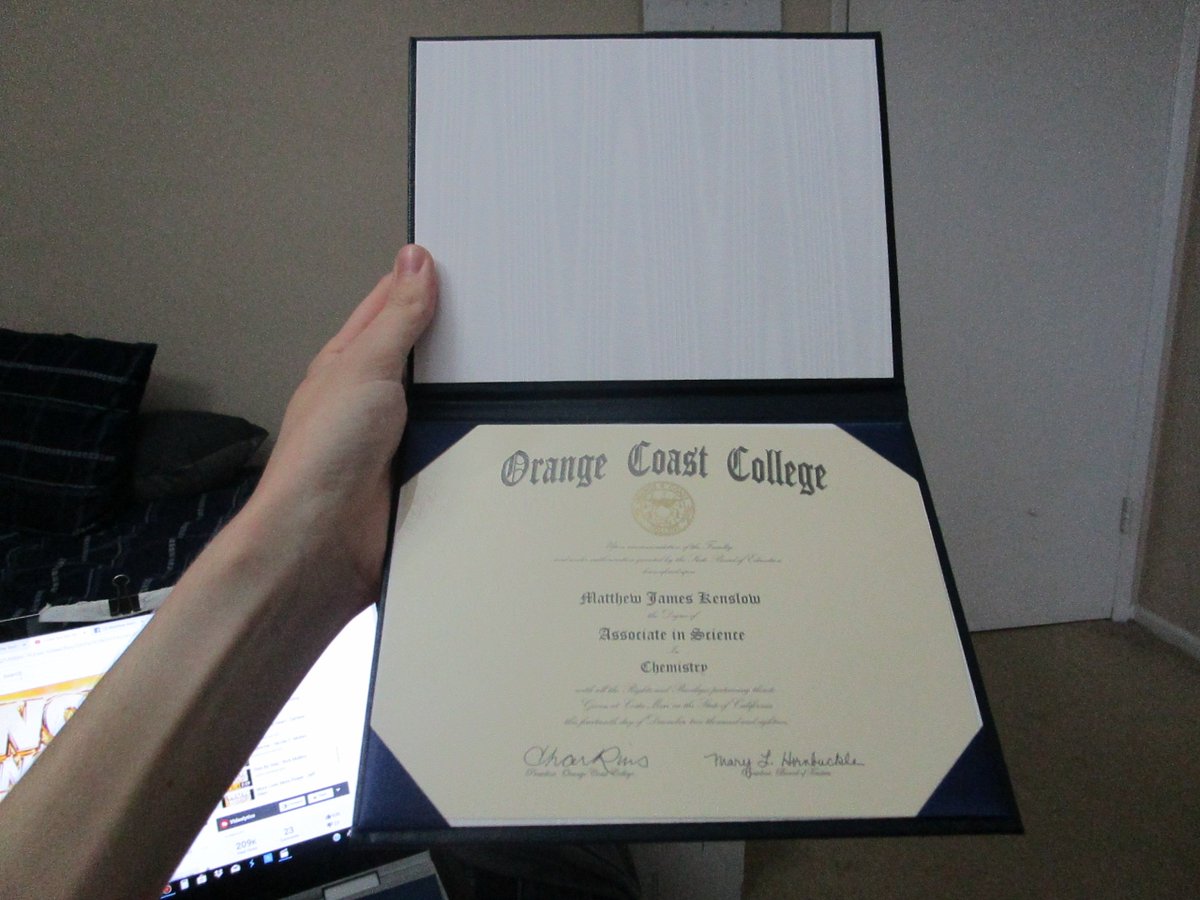 KenslowMatthew's tweet photo. And here is my A.S. in #Chemistry, #IGETC #GenEd Breadth, and #HighSchoolDiploma from 6 years ago next month. 
Thanks, @orangecoast. 
Now onto Vanguard for a Bachelor's in #Biochemistry 
#diploma @VanguardU #collegelife #gocoast #congratsgrad #graduation #coastgrad #occ https://t.co/VQhT8adynj